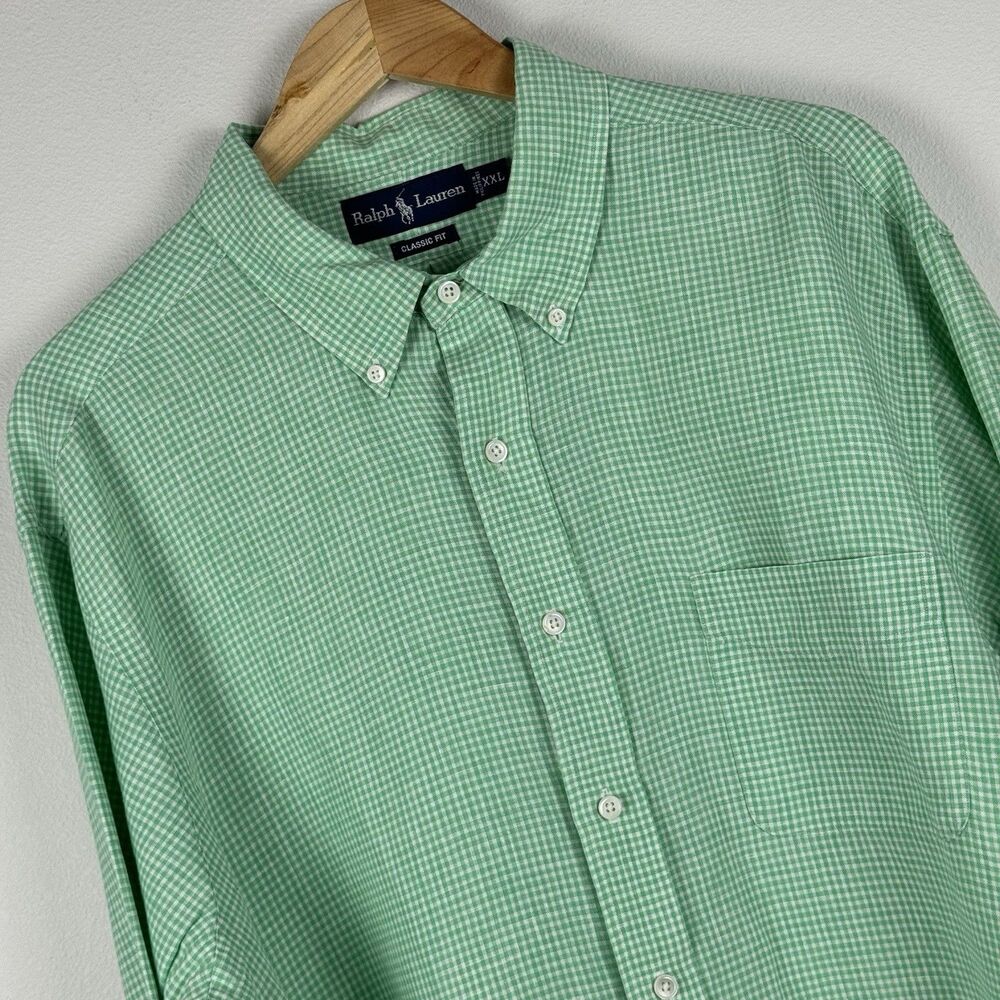 Vintage Polo Ralph Lauren Button Up Shirt Men's 2XL Green Micro Gingham Check